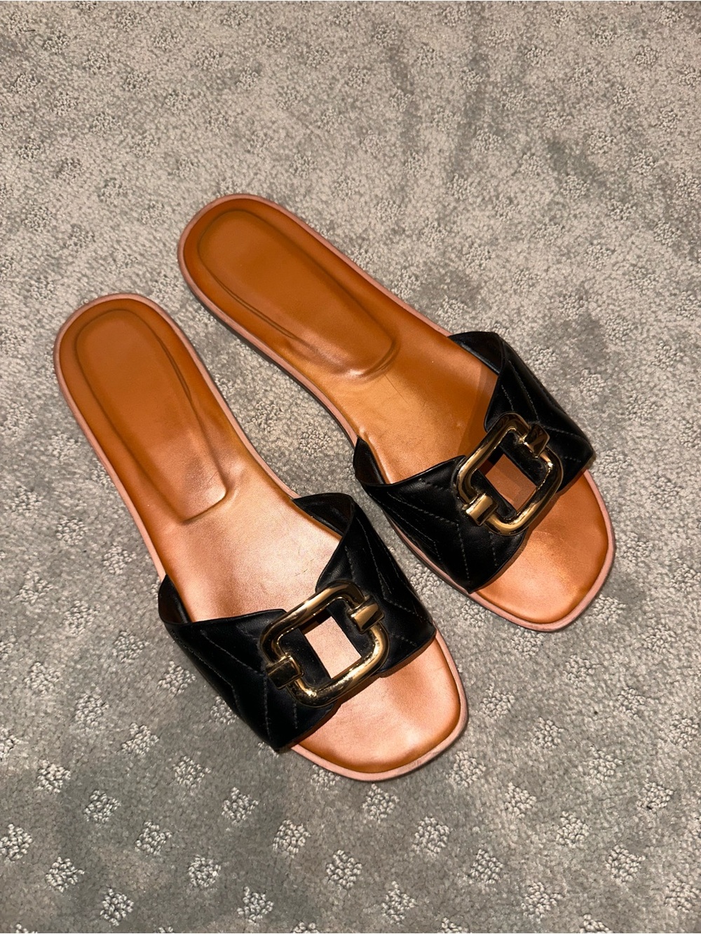 Aldo Black Slide Sandals with Gold Accent